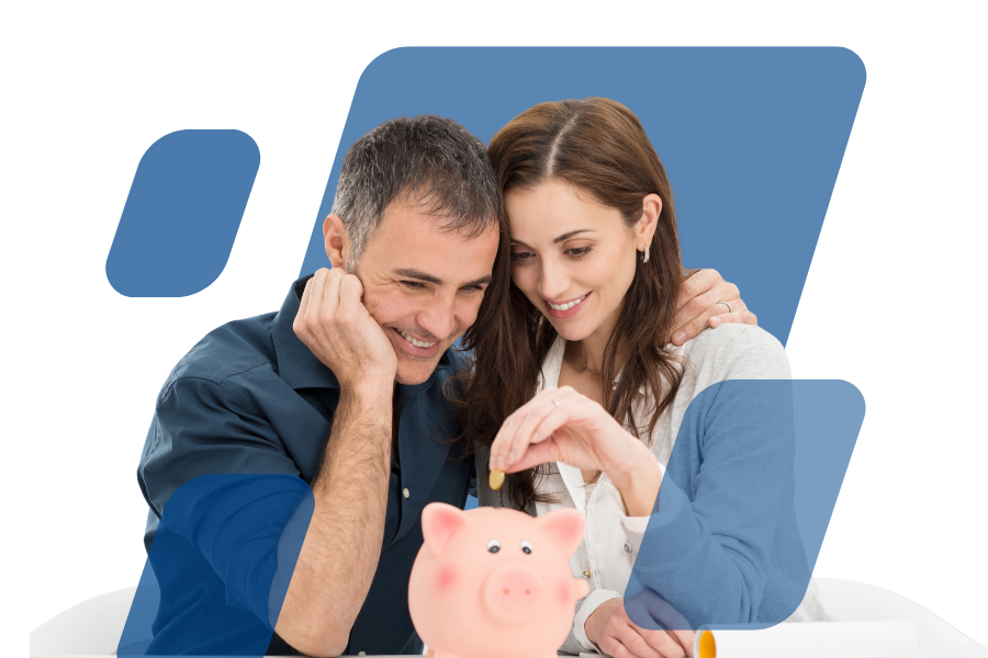 Casal feliz com um mealheiro, representado poupança