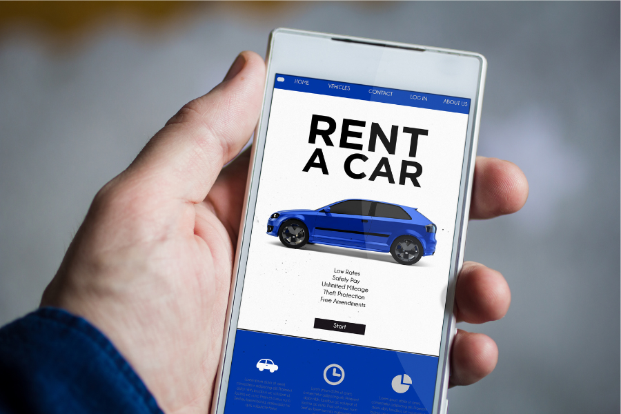 Aplicação de rent-a-car num smartphone, associada a soluções de financiamento automóvel e mobilidade flexível.